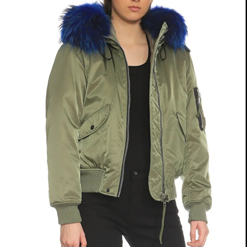 SAM Military Bomber Jacket in Olive Color With Blue Fox Fur Hood